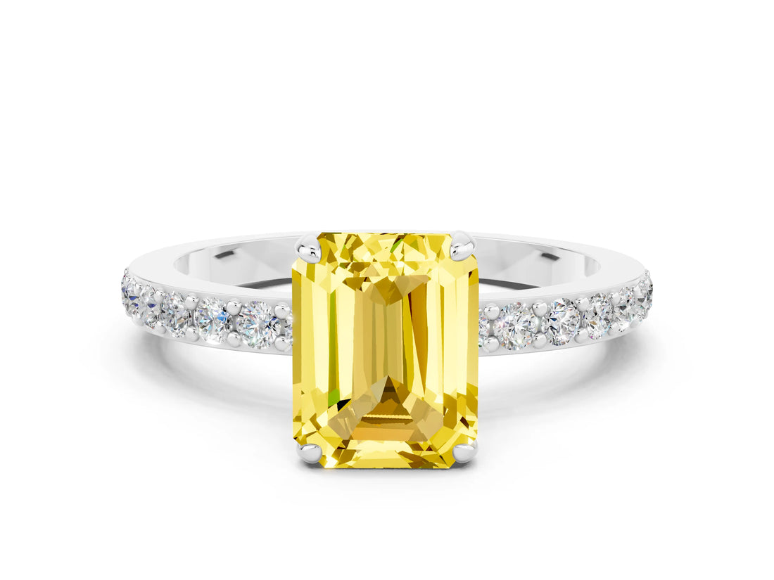 White gold Emerald Cut Yellow Sapphire Solitaire Engagement Ring with Pavé Band and Four-Prong Setting_24