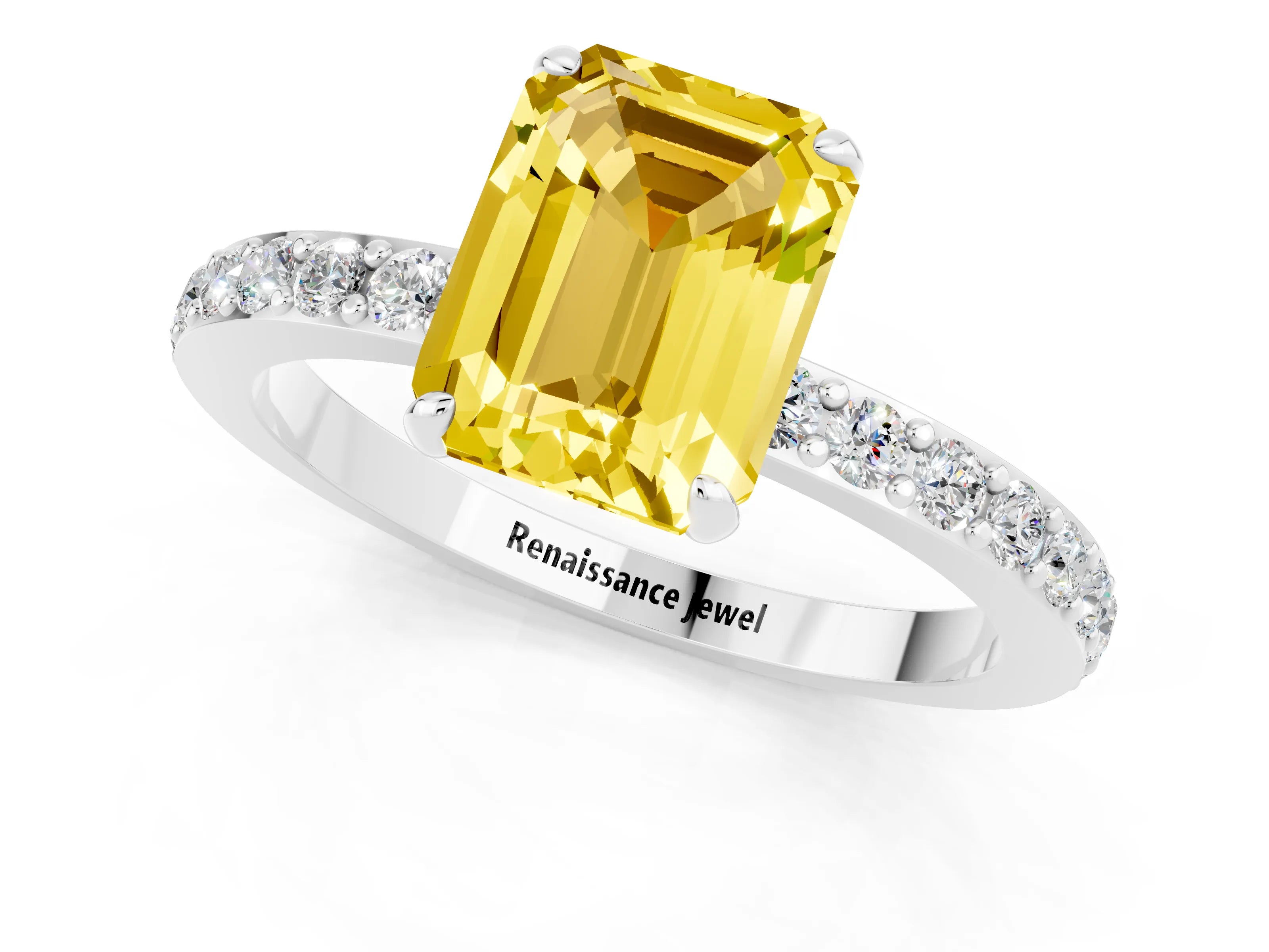 White gold Emerald Cut Yellow Sapphire Solitaire Engagement Ring with Pavé Band and Four-Prong Setting_25