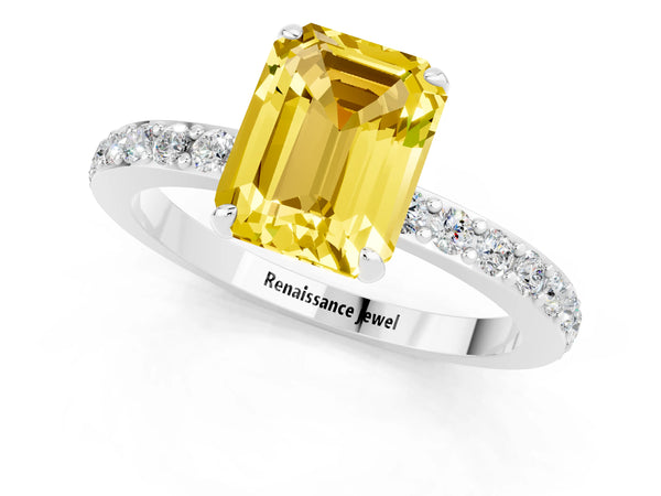 Silver Emerald Cut Yellow Sapphire Solitaire Engagement Ring with Pavé Band and Four-Prong Setting