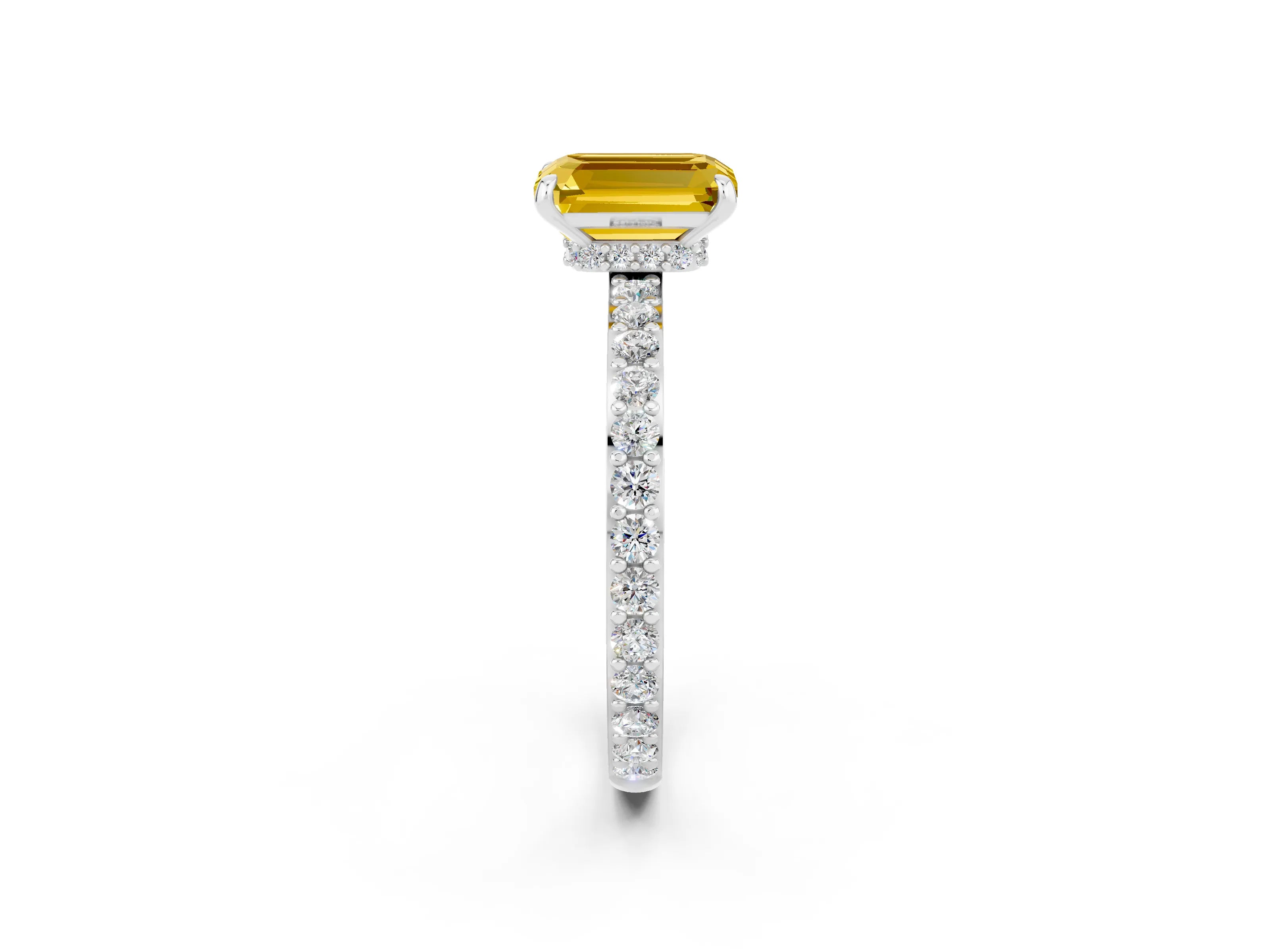 White gold Emerald Cut Yellow Sapphire Solitaire Engagement Ring with Pavé Band and Four-Prong Setting_26