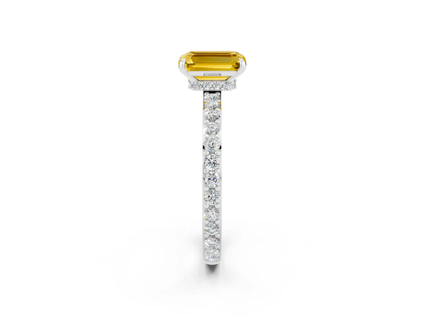 White gold Emerald Cut Yellow Sapphire Solitaire Engagement Ring with Pavé Band and Four-Prong Setting