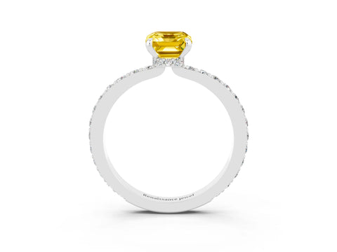 White gold Emerald Cut Yellow Sapphire Solitaire Engagement Ring with Pavé Band and Four-Prong Setting_27