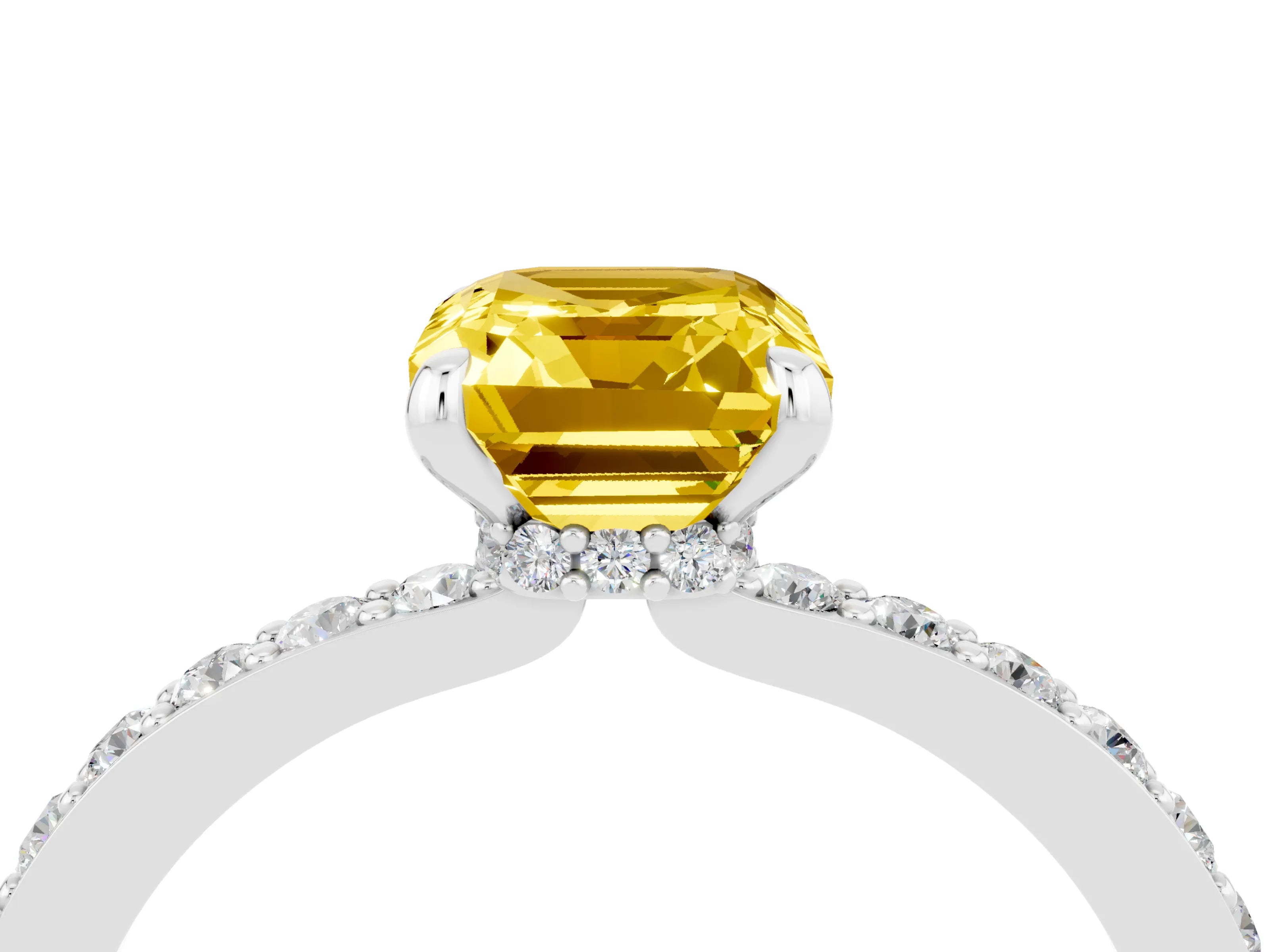 White gold Emerald Cut Yellow Sapphire Solitaire Engagement Ring with Pavé Band and Four-Prong Setting_28
