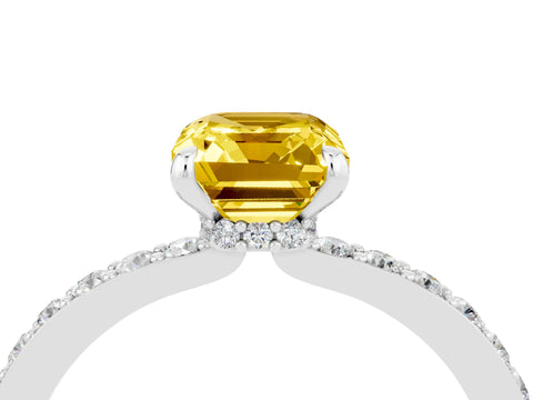 White gold Emerald Cut Yellow Sapphire Solitaire Engagement Ring with Pavé Band and Four-Prong Setting_28