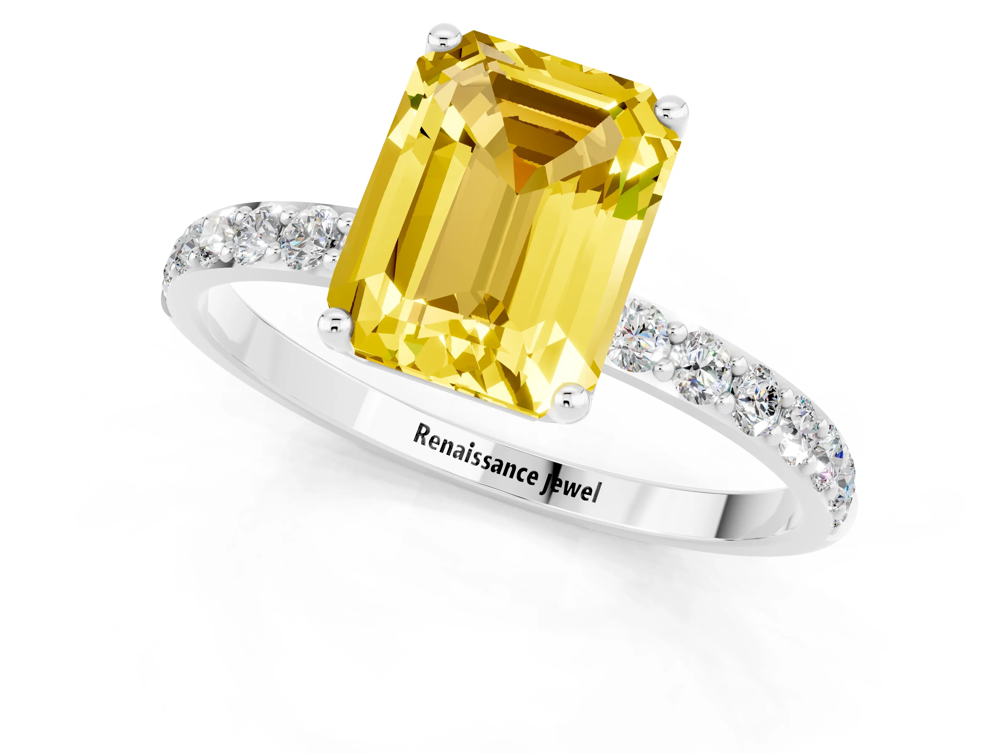 White gold Emerald Cut Yellow Sapphire Solitaire Engagement Ring with Pavé Band and Prong Setting_1