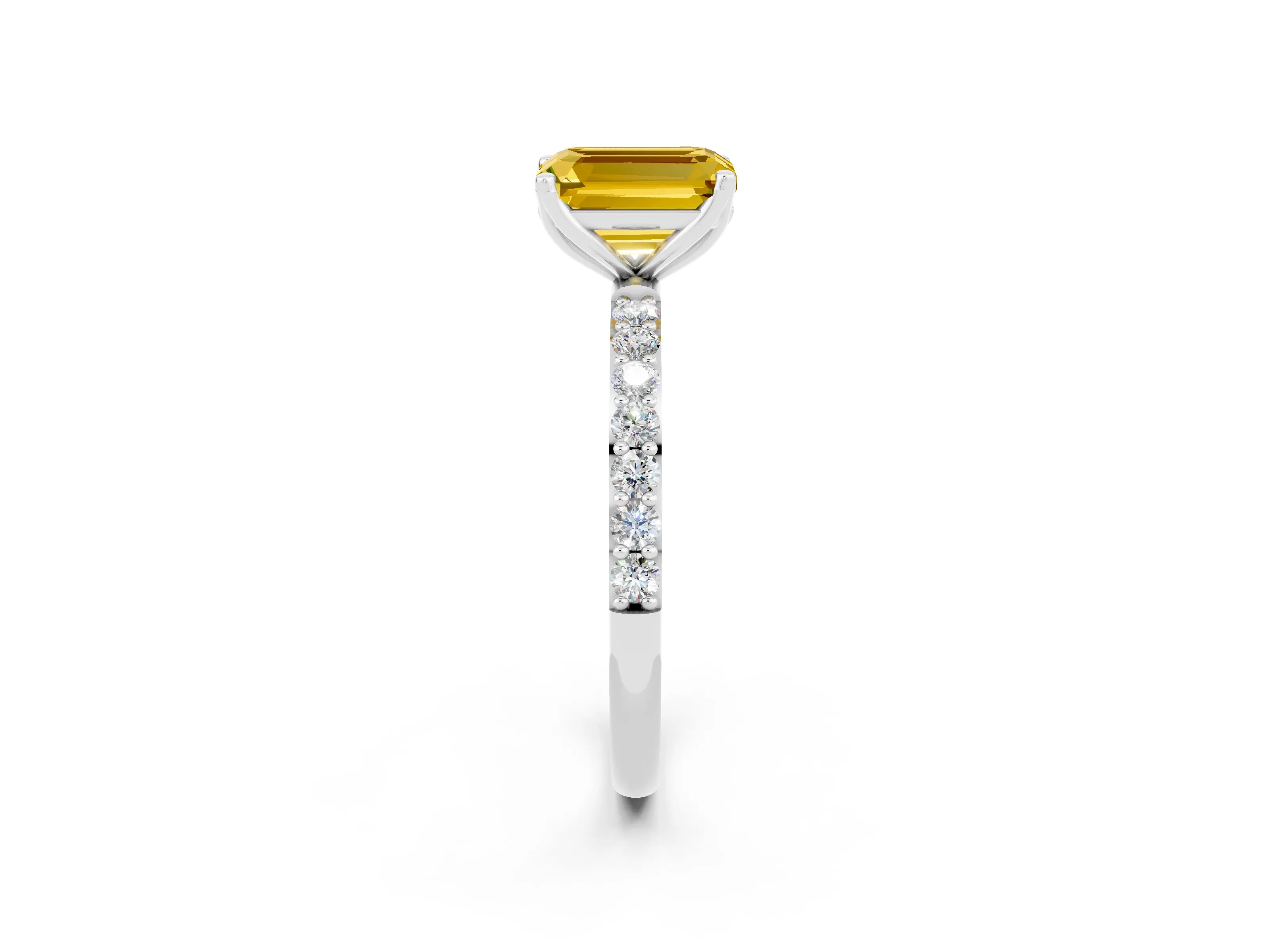 White gold Emerald Cut Yellow Sapphire Solitaire Engagement Ring with Pavé Band and Prong Setting_2