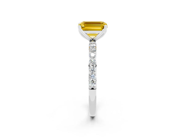 White gold Emerald Cut Yellow Sapphire Solitaire Engagement Ring with Round  Pavé Band and Prong Setting