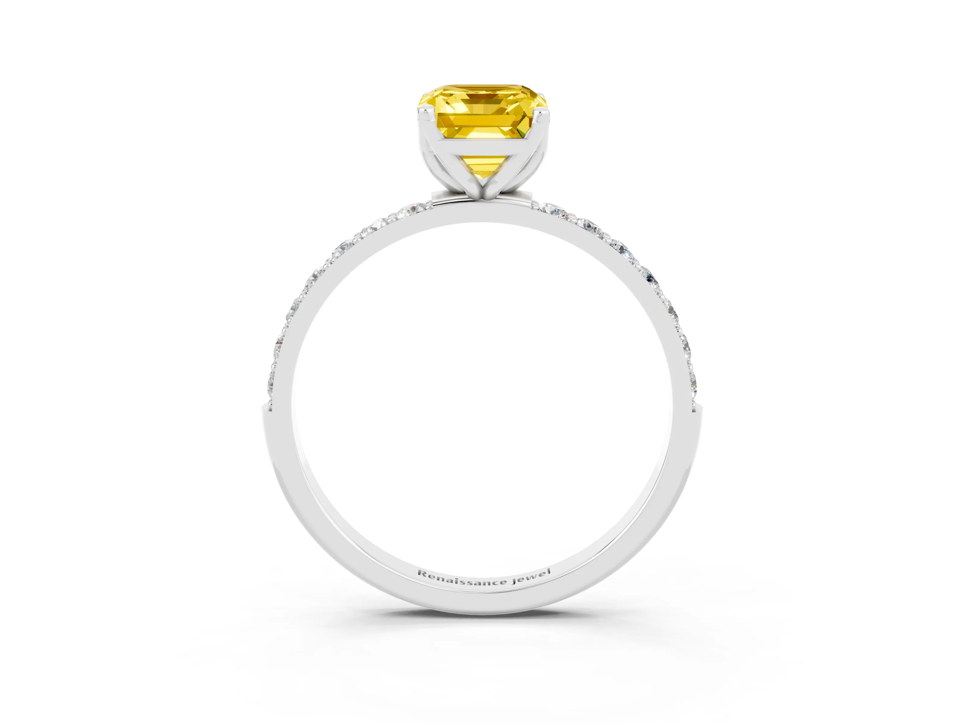 White gold Emerald Cut Yellow Sapphire Solitaire Engagement Ring with Pavé Band and Prong Setting_3