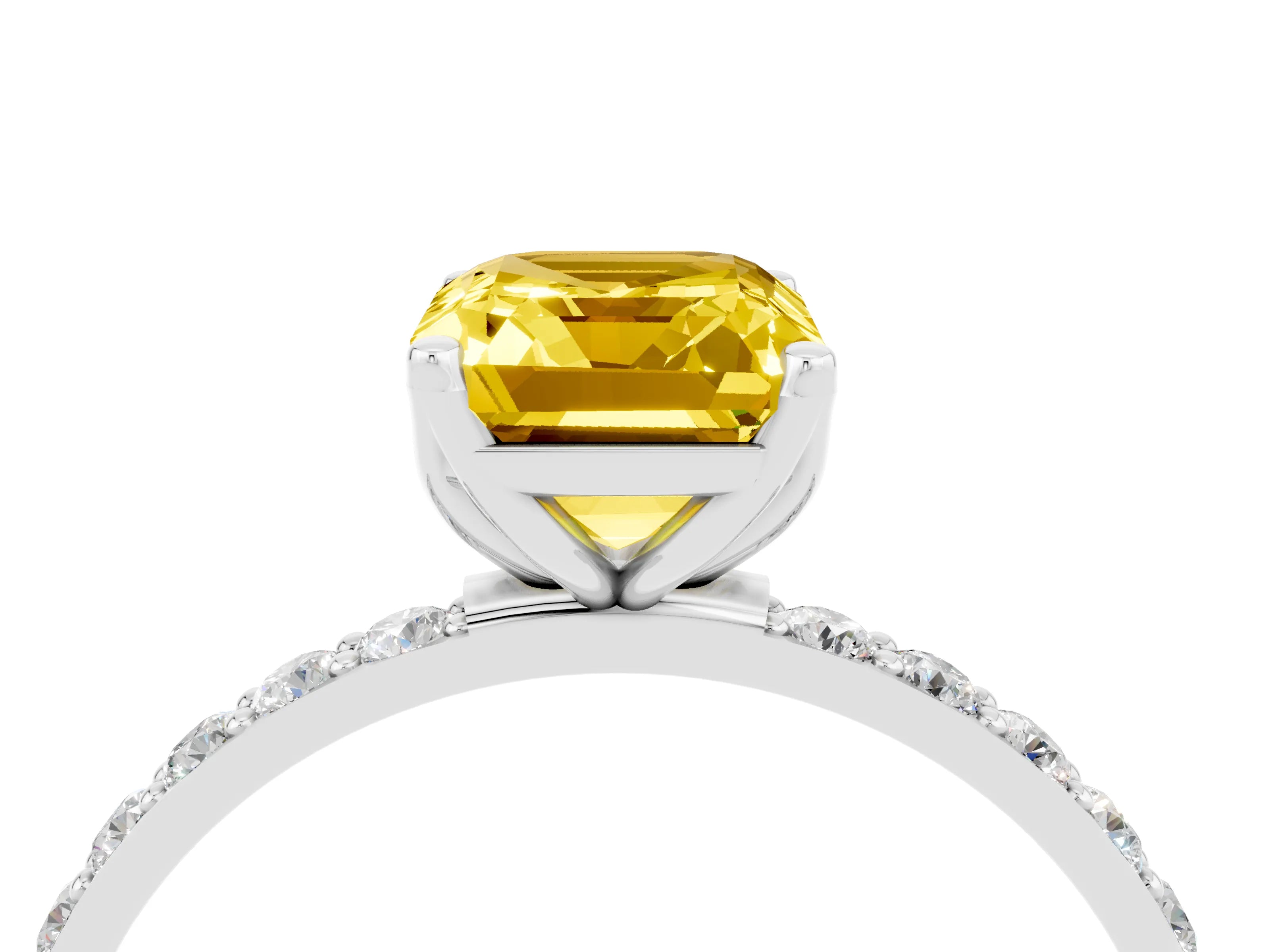 White gold Emerald Cut Yellow Sapphire Solitaire Engagement Ring with Pavé Band and Prong Setting_4