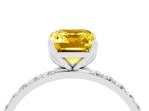 White gold Emerald Cut Yellow Sapphire Solitaire Engagement Ring with Pavé Band and Prong Setting_4