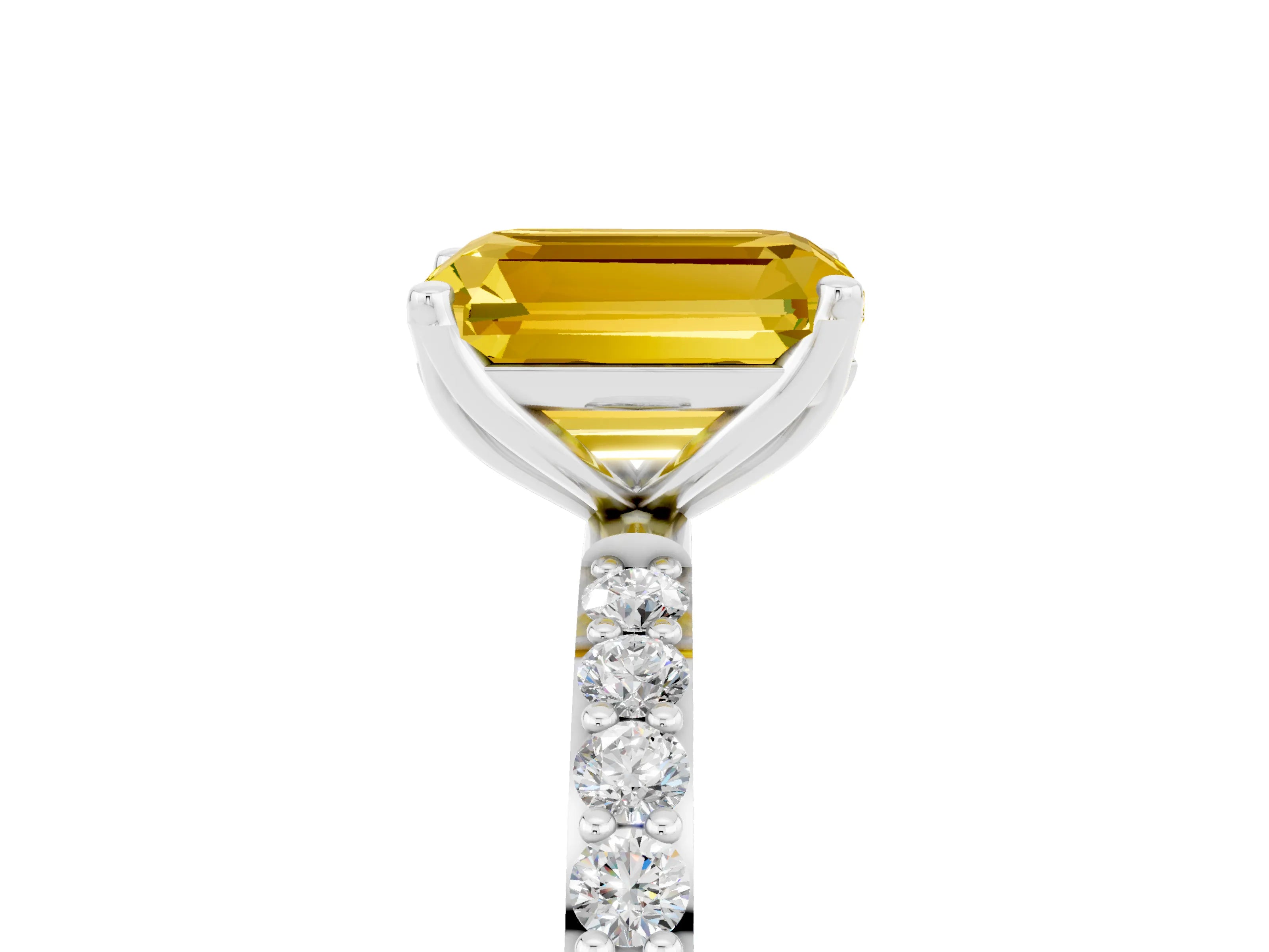 White gold Emerald Cut Yellow Sapphire Solitaire Engagement Ring with Pavé Band and Prong Setting_5