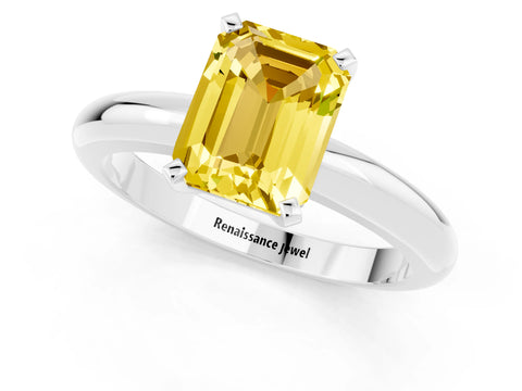 White gold Emerald Cut Yellow Sapphire Solitaire Engagement Ring with Round Band and Four-Prong Setting_25
