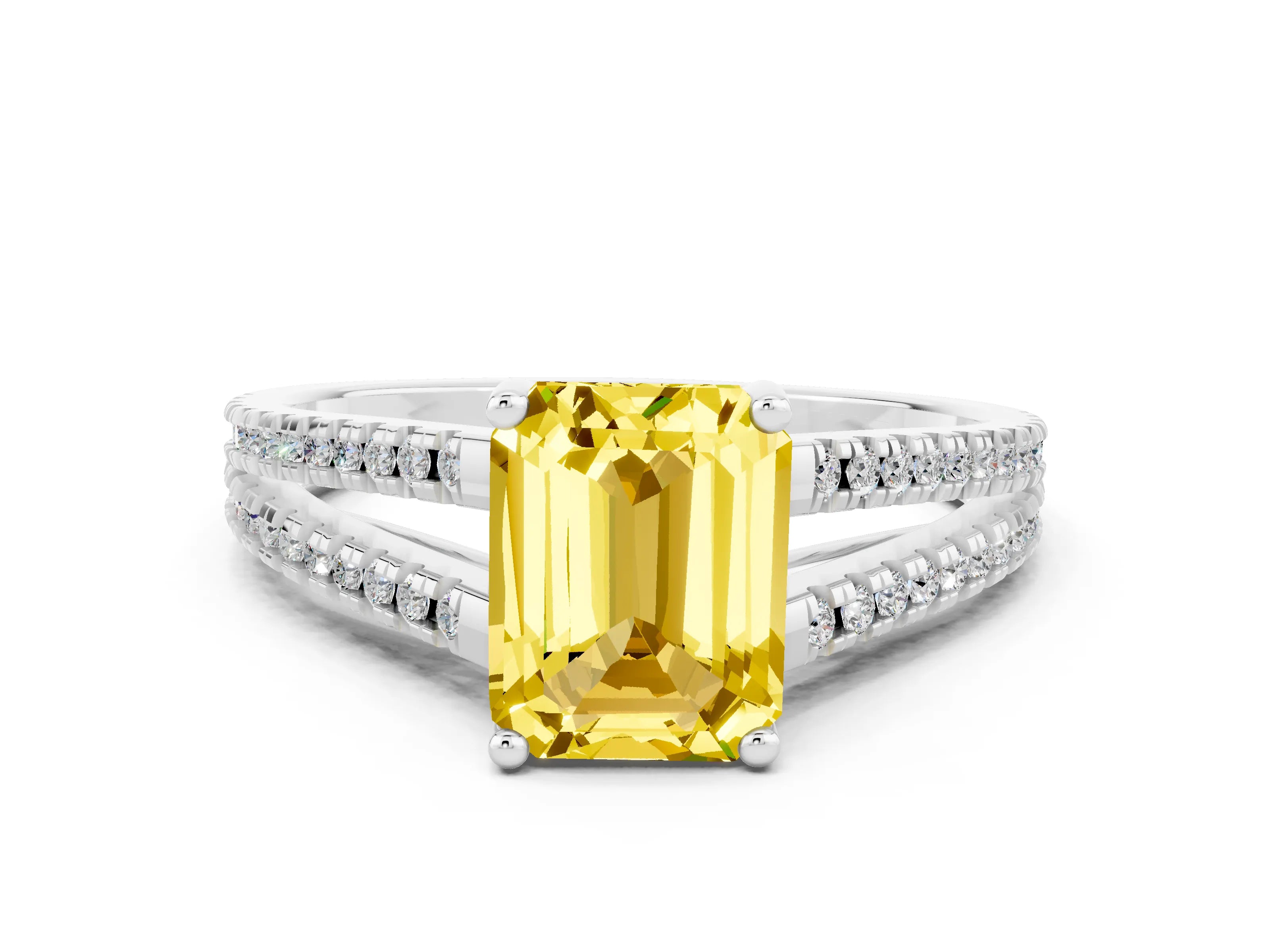 White gold Emerald Cut Yellow Sapphire Solitaire Engagement Ring with Split Shank Pavé Band_12