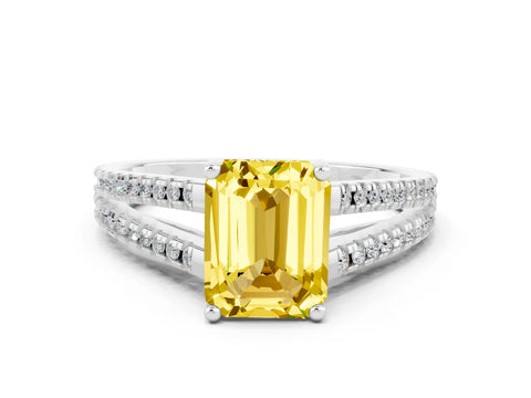 White gold Emerald Cut Yellow Sapphire Solitaire Engagement Ring with Split Shank Pavé Band_12