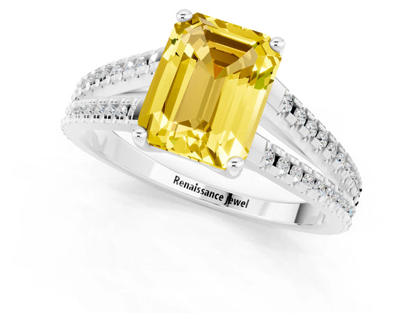 Platinum Emerald Cut Yellow Sapphire Solitaire Engagement Ring with Split Shank Pavé Band