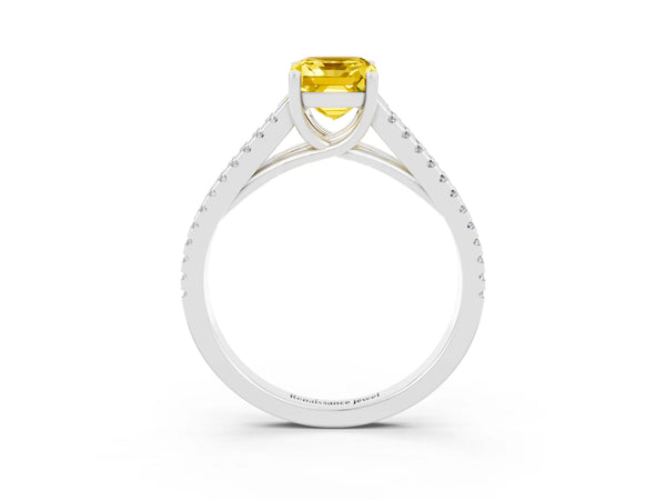 Platinum Emerald Cut Yellow Sapphire Solitaire Engagement Ring with Split Shank Pavé Band