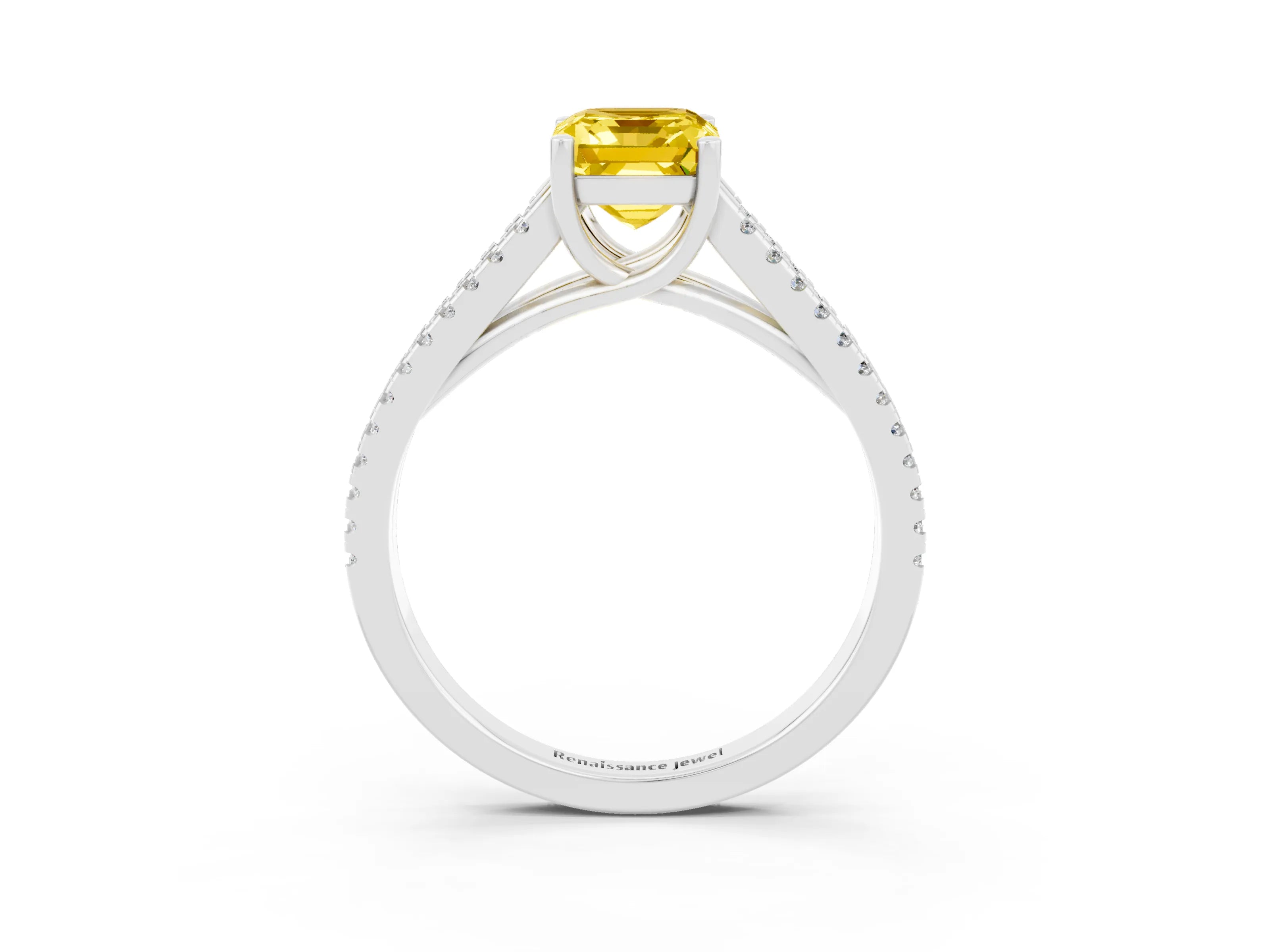 White gold Emerald Cut Yellow Sapphire Solitaire Engagement Ring with Split Shank Pavé Band_15