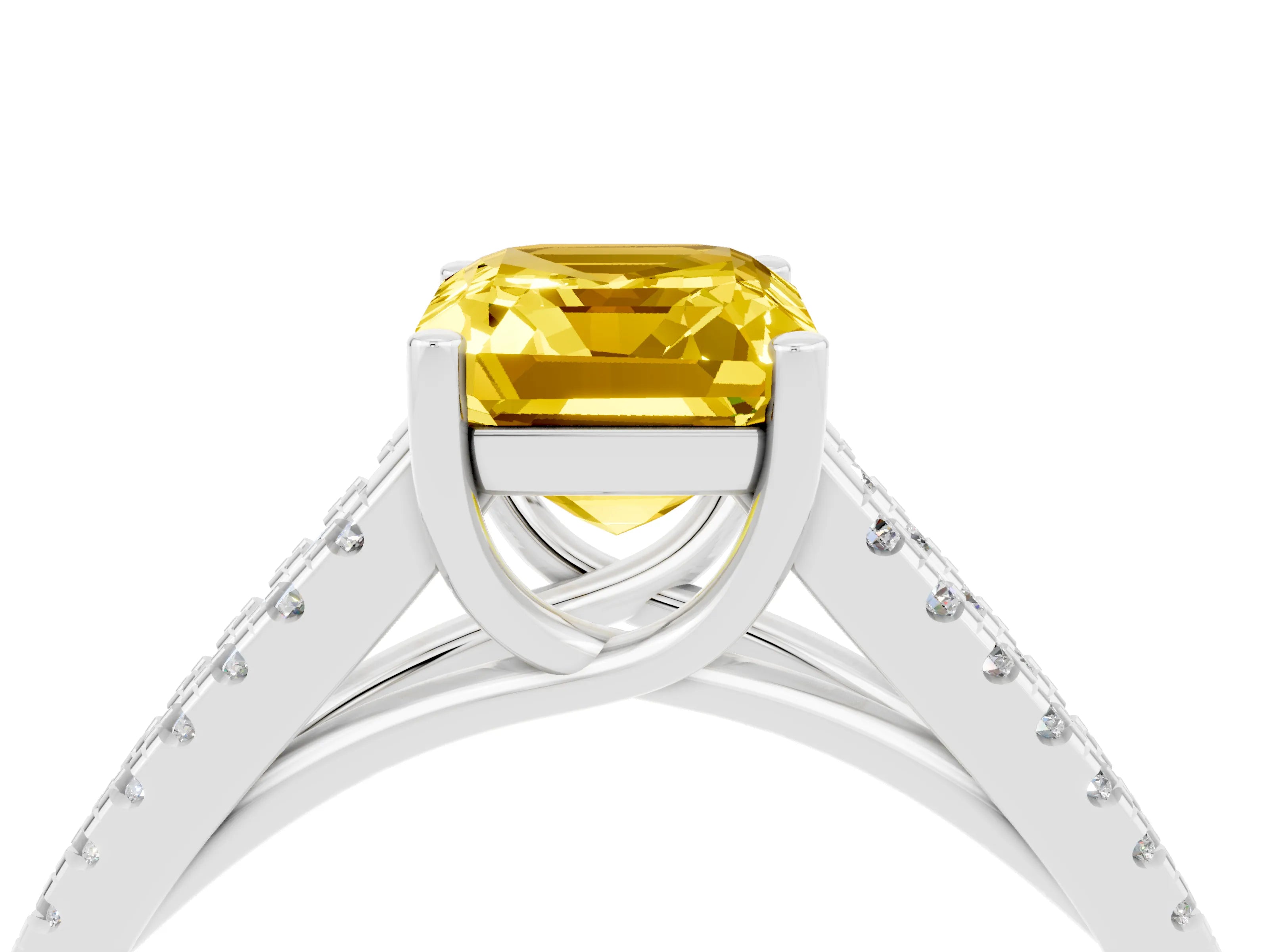 White gold Emerald Cut Yellow Sapphire Solitaire Engagement Ring with Split Shank Pavé Band_16