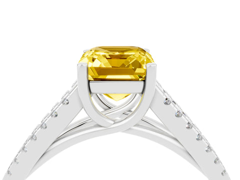White gold Emerald Cut Yellow Sapphire Solitaire Engagement Ring with Split Shank Pavé Band_16