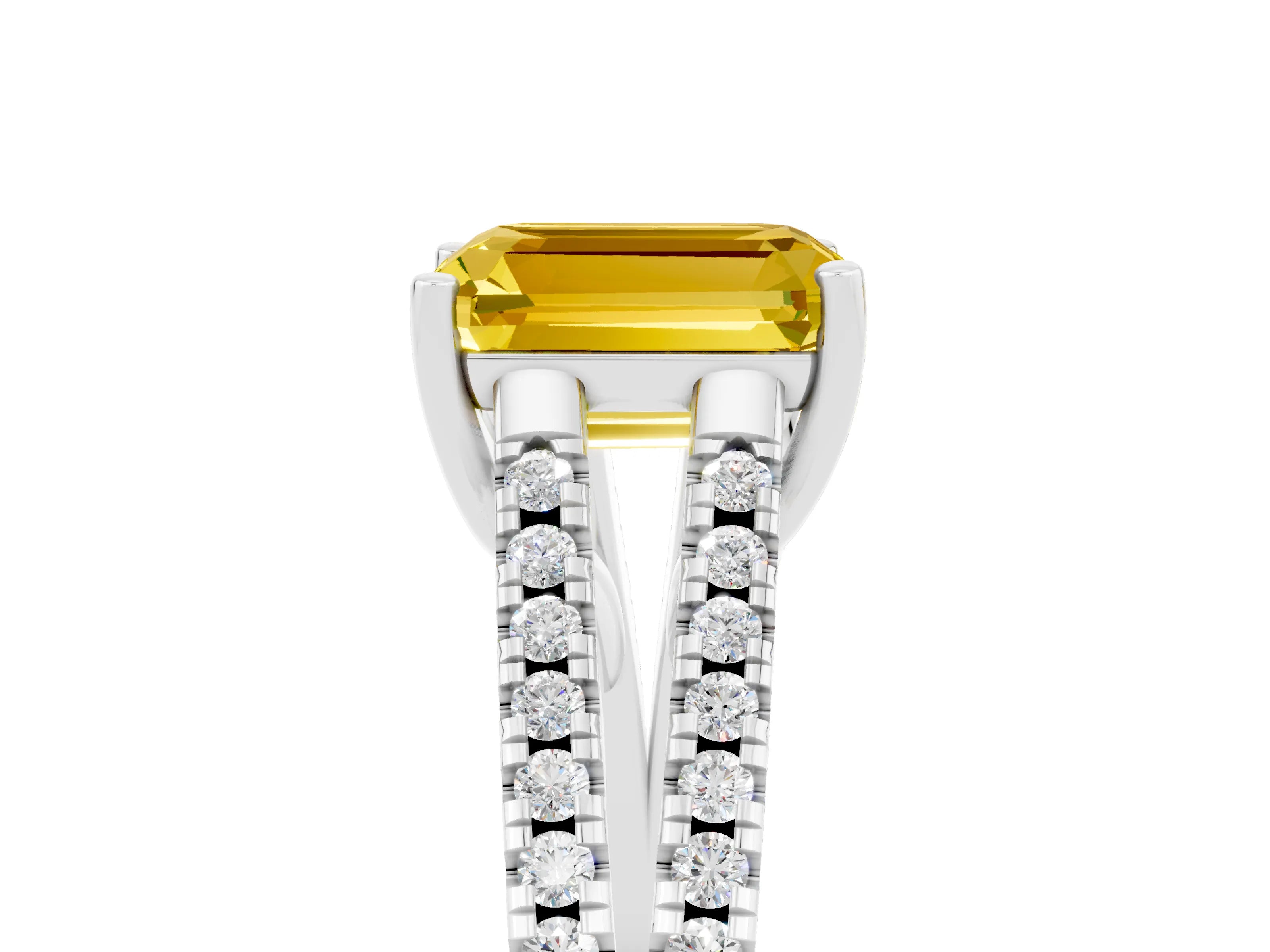 White gold Emerald Cut Yellow Sapphire Solitaire Engagement Ring with Split Shank Pavé Band_17
