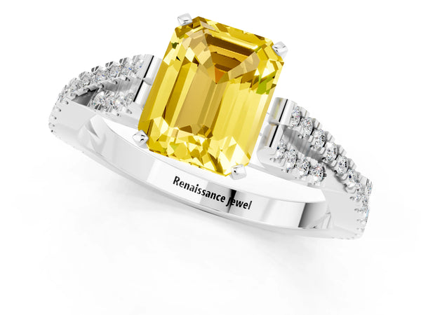Platinum Emerald Cut Yellow Sapphire Solitaire Engagement Ring with Twisted Pavé Band and Four-Prong Setting