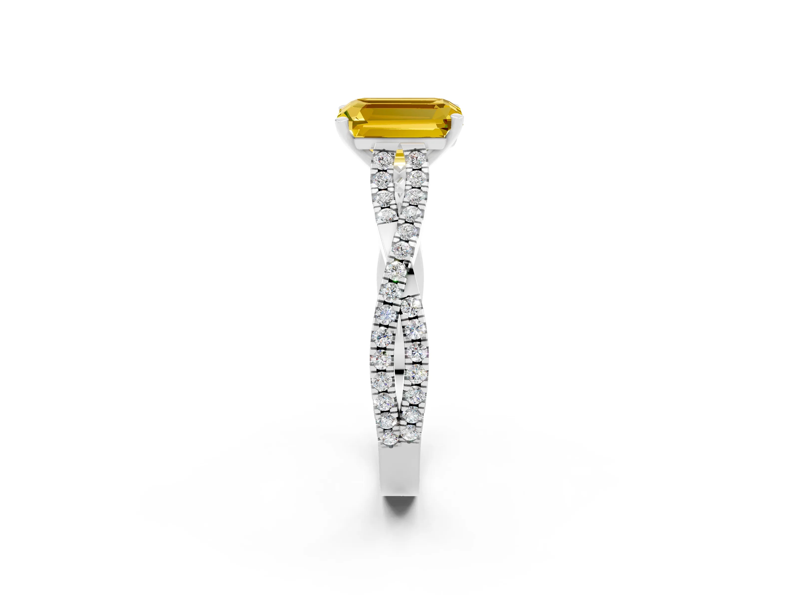 White gold Emerald Cut Yellow Sapphire Solitaire Engagement Ring with Twisted Pavé Band and Four-Prong Setting_14