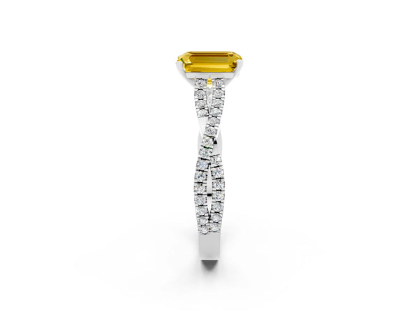 Platinum Emerald Cut Yellow Sapphire Solitaire Engagement Ring with Twisted Pavé Band and Four-Prong Setting