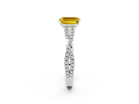 White gold Emerald Cut Yellow Sapphire Solitaire Engagement Ring with Twisted Pavé Band and Four-Prong Setting_14