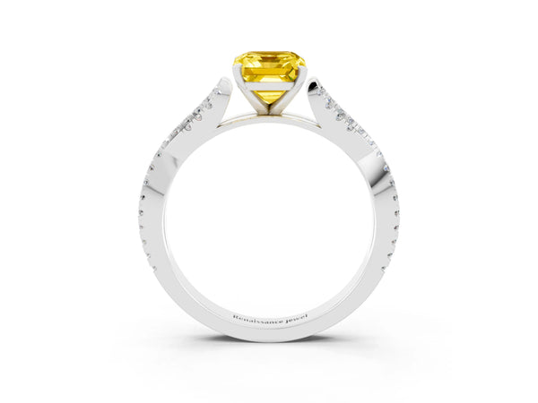 Platinum Emerald Cut Yellow Sapphire Solitaire Engagement Ring with Twisted Pavé Band and Four-Prong Setting