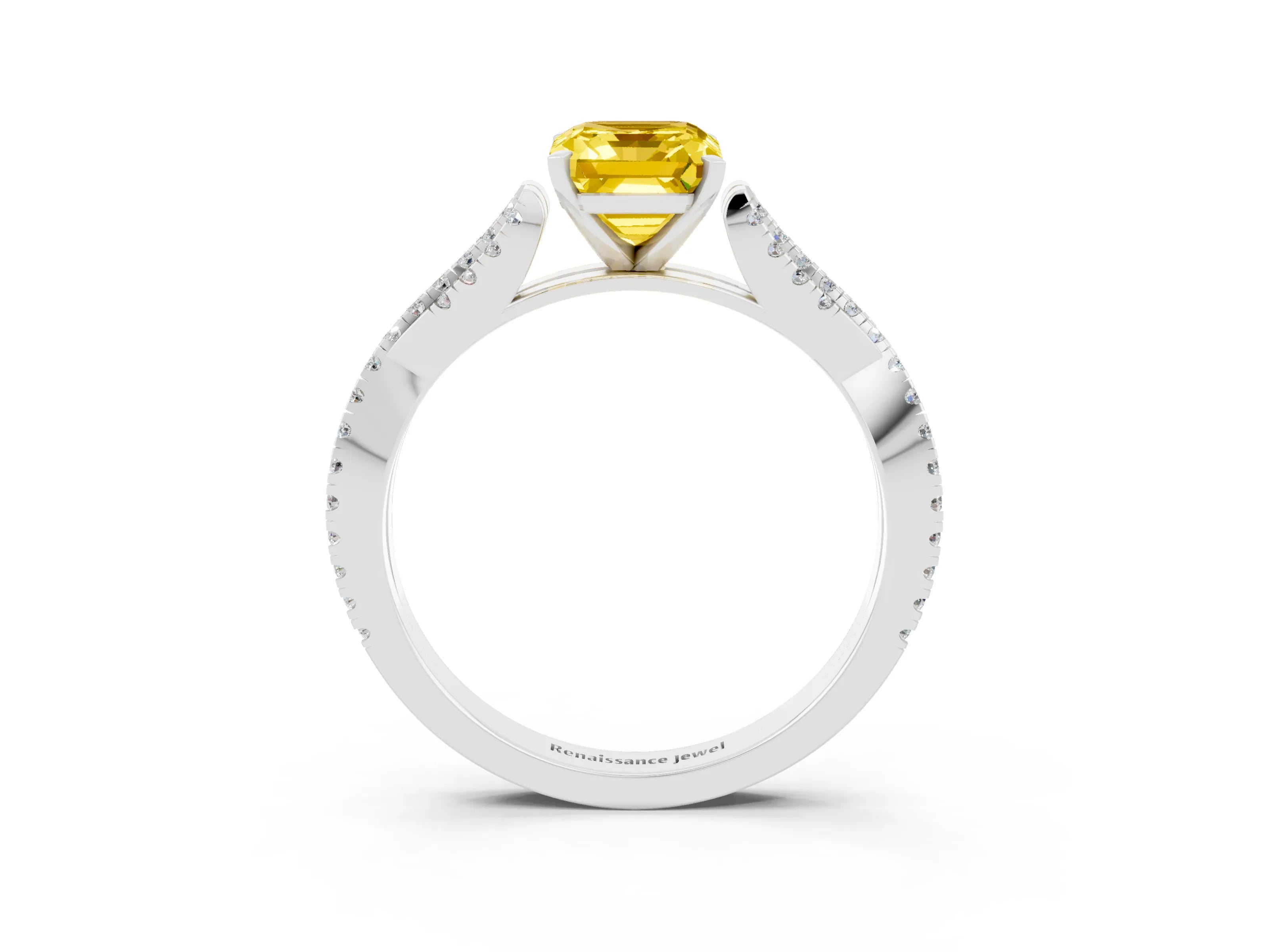 White gold Emerald Cut Yellow Sapphire Solitaire Engagement Ring with Twisted Pavé Band and Four-Prong Setting_15