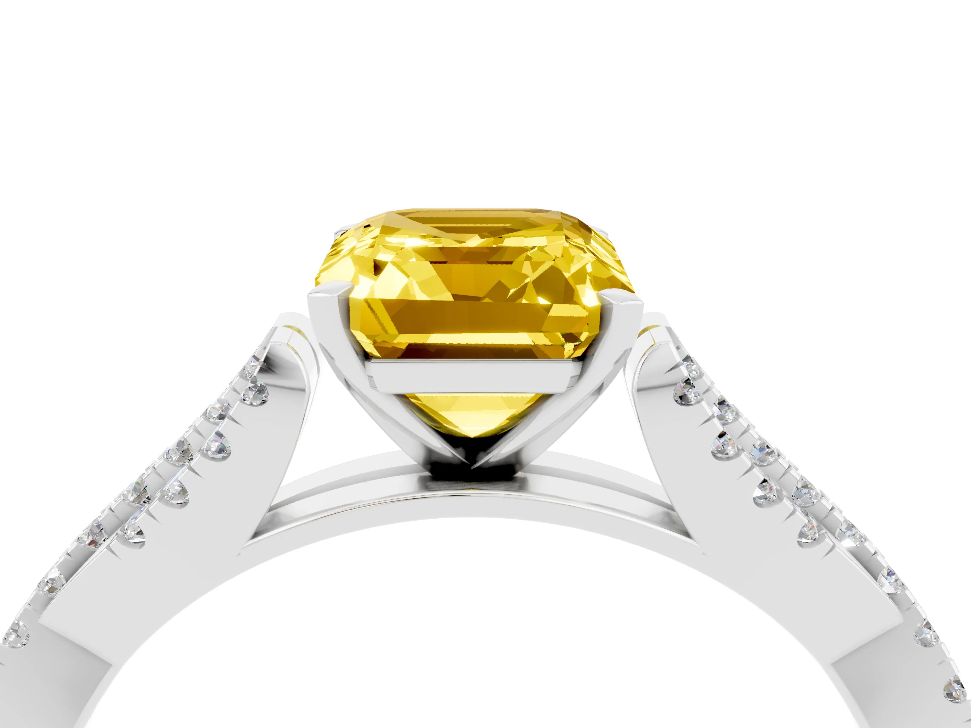White gold Emerald Cut Yellow Sapphire Solitaire Engagement Ring with Twisted Pavé Band and Four-Prong Setting_16