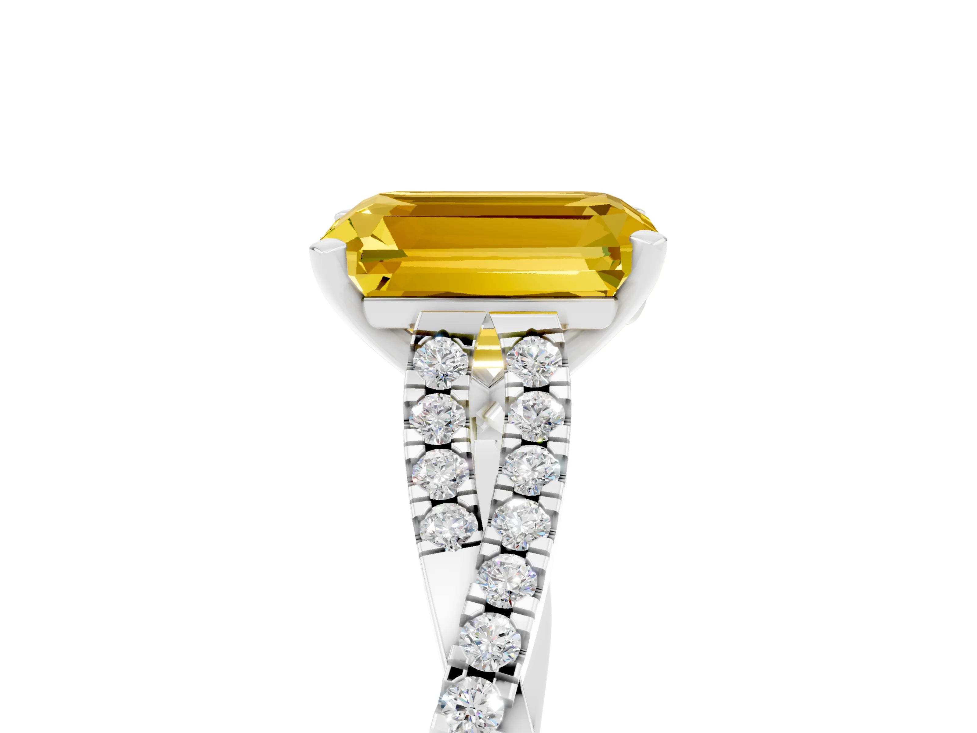 White gold Emerald Cut Yellow Sapphire Solitaire Engagement Ring with Twisted Pavé Band and Four-Prong Setting_17