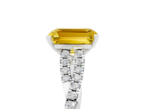 White gold Emerald Cut Yellow Sapphire Solitaire Engagement Ring with Twisted Pavé Band and Four-Prong Setting_17