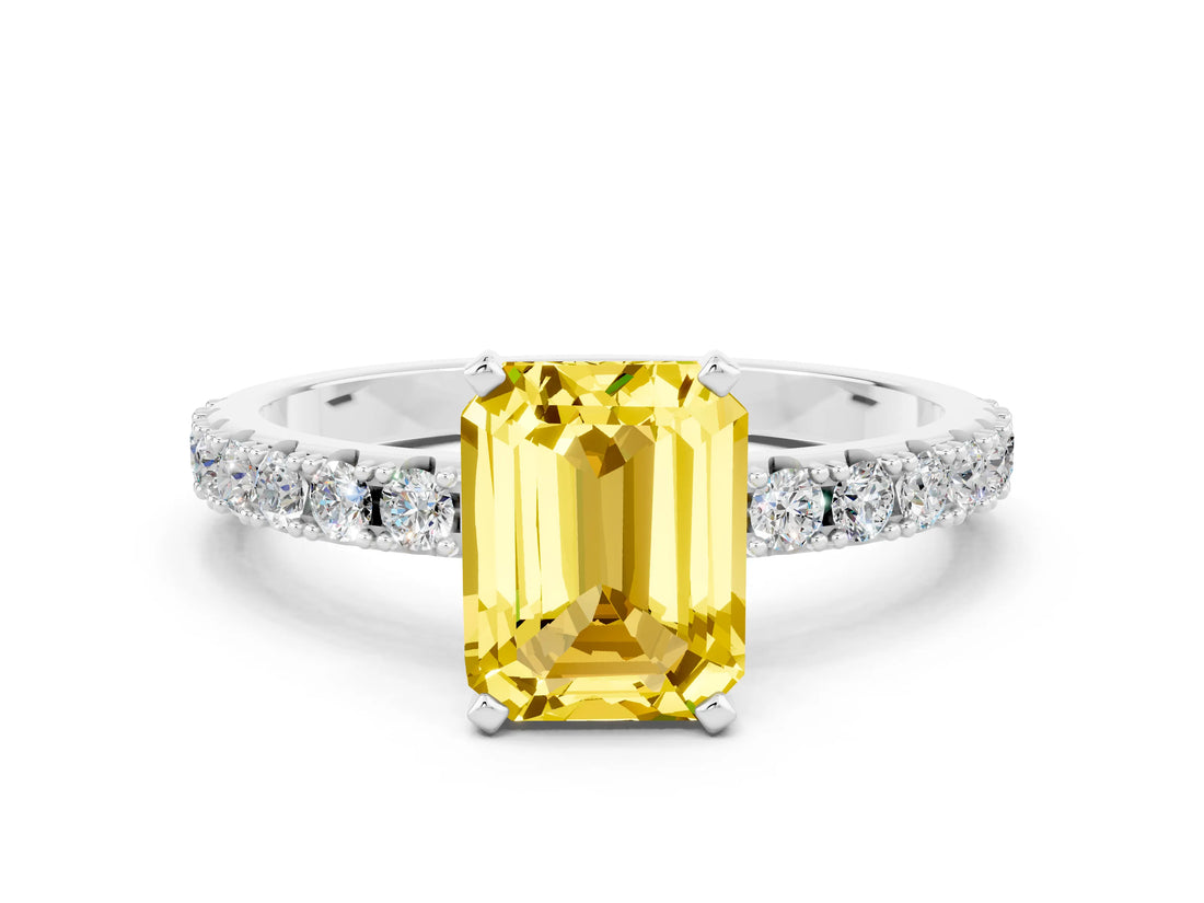 White gold Emerald Cut Yellow Sapphire Solitaire Pavé Band with Four-Prong Setting_24