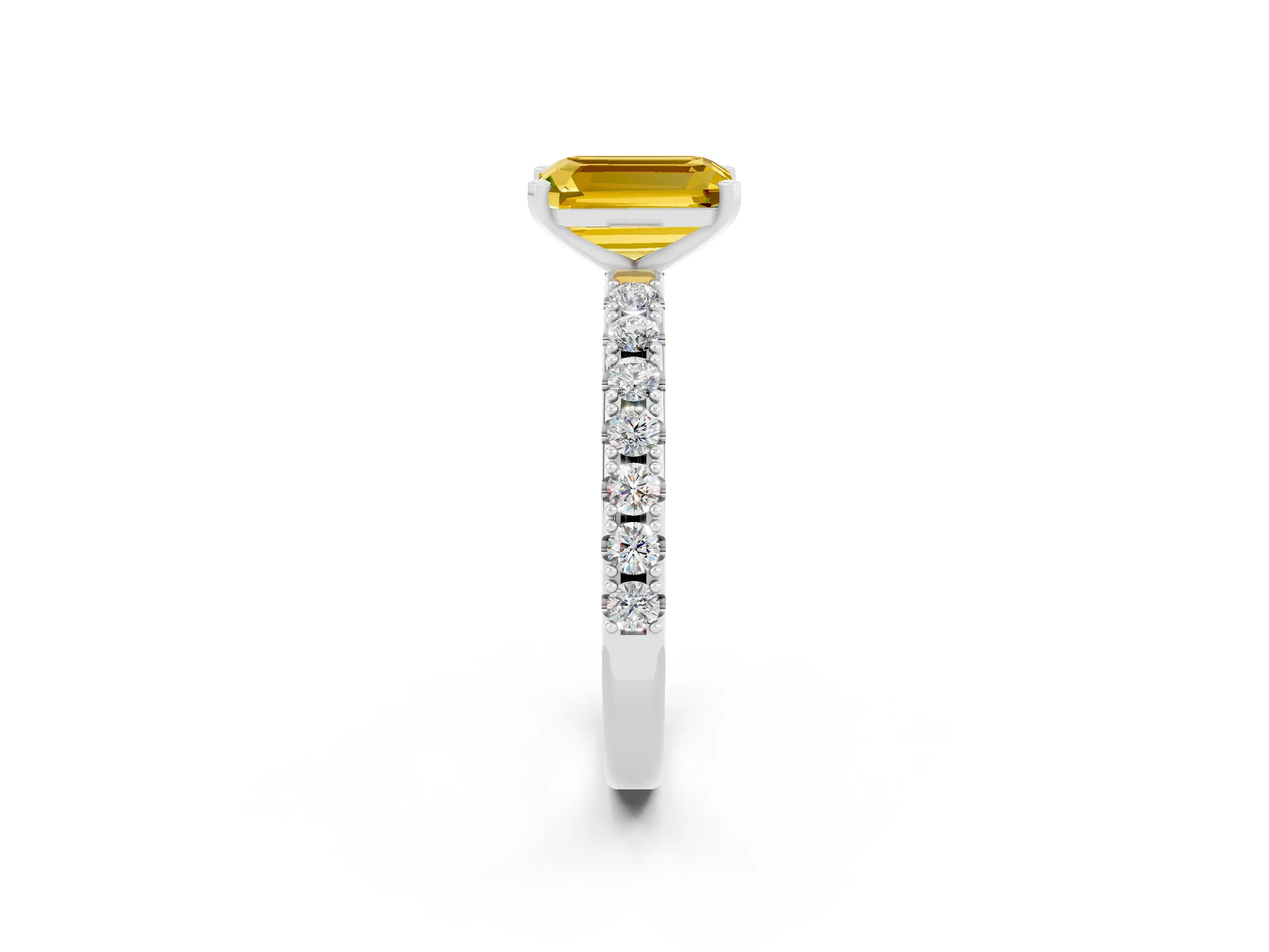 White gold Emerald Cut Yellow Sapphire Solitaire Pavé Band with Four-Prong Setting_26
