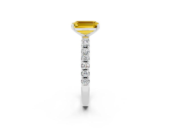 White gold Emerald Cut Yellow Sapphire Solitaire Pavé Band with Four-Prong Setting