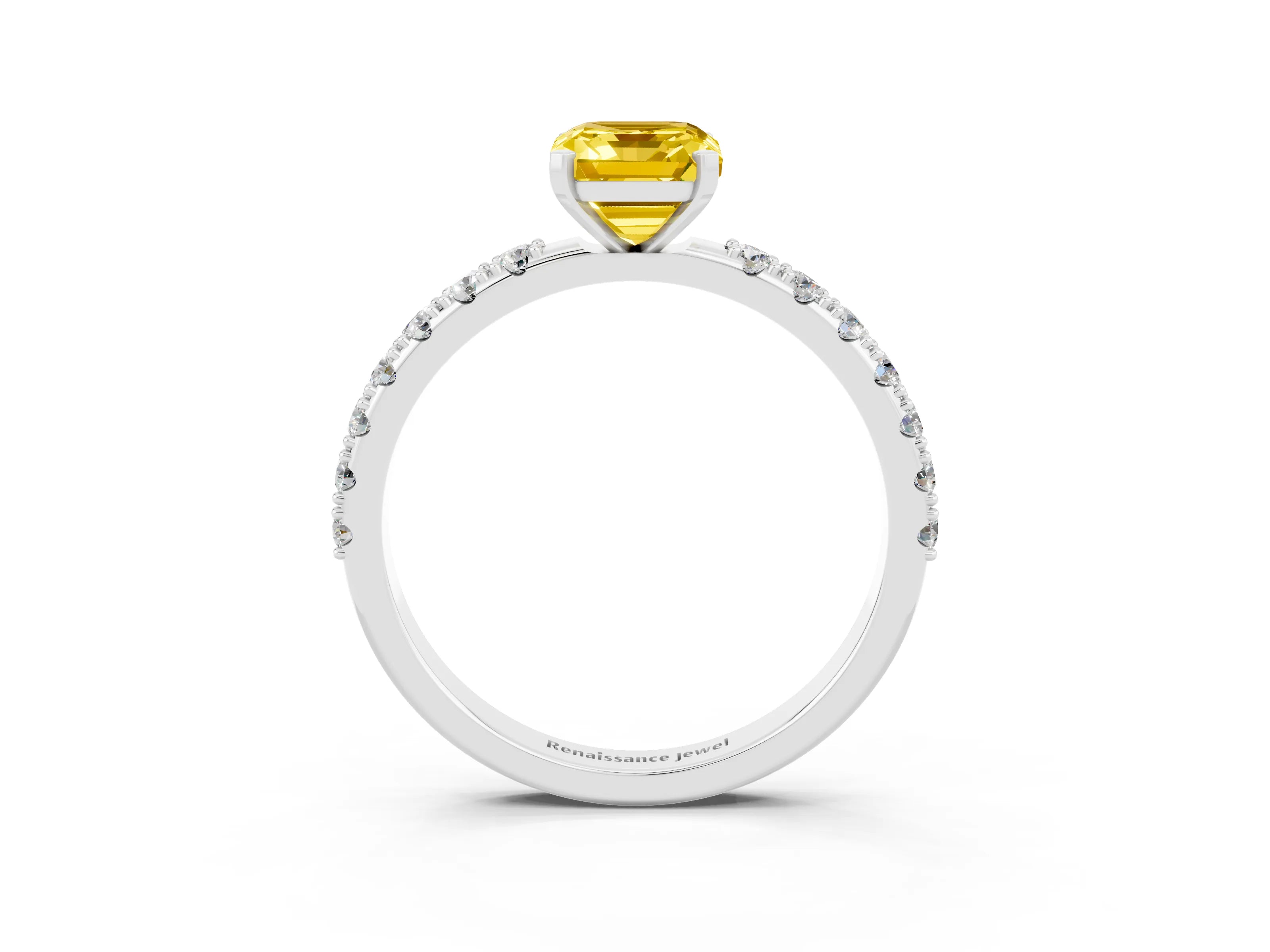 White gold Emerald Cut Yellow Sapphire Solitaire Pavé Band with Four-Prong Setting_27