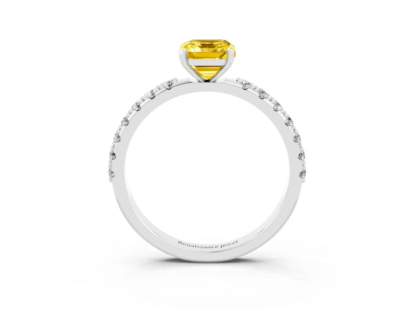 Silver Emerald Cut Yellow Sapphire Solitaire Pavé Band with Four-Prong Setting