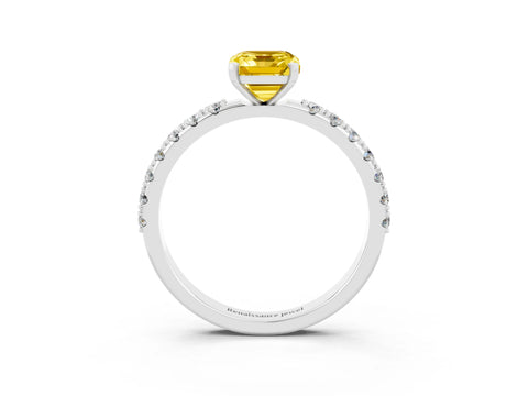 White gold Emerald Cut Yellow Sapphire Solitaire Pavé Band with Four-Prong Setting_27