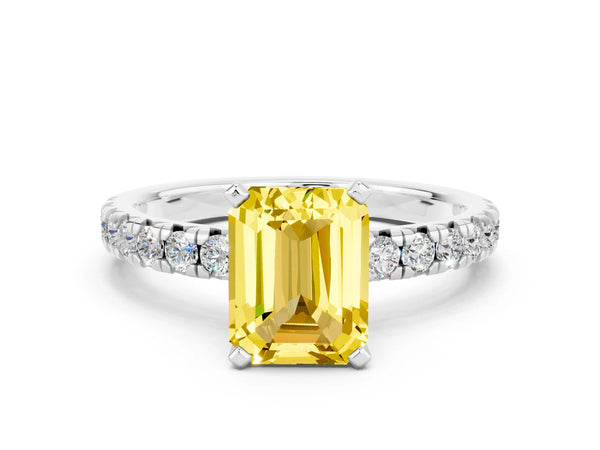 Platinum Emerald Cut Yellow Sapphire Solitaire Pavé Engagement Ring with Round Band and Prong Setting