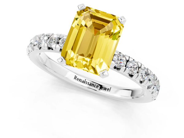 Platinum Emerald Cut Yellow Sapphire Solitaire Pavé Engagement Ring with Round Band and Prong Setting