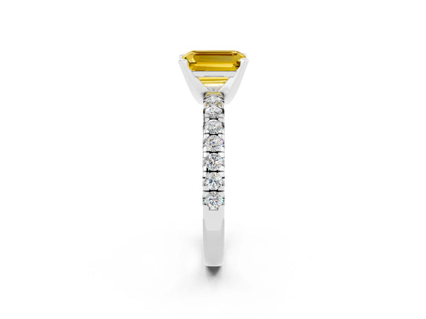 White gold Emerald Cut Yellow Sapphire Solitaire Pavé Engagement Ring with Round Band and Prong Setting