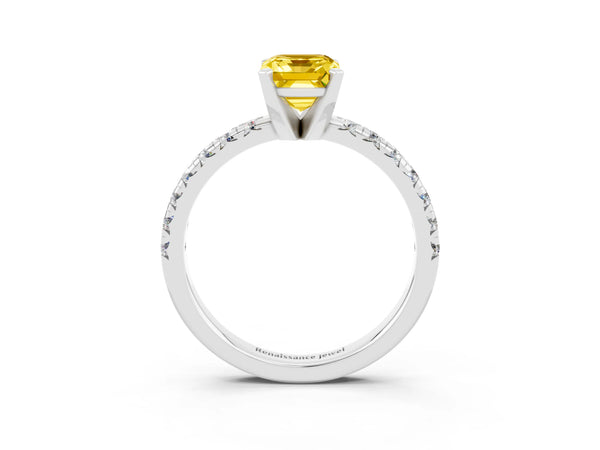 Platinum Emerald Cut Yellow Sapphire Solitaire Pavé Engagement Ring with Round Band and Prong Setting