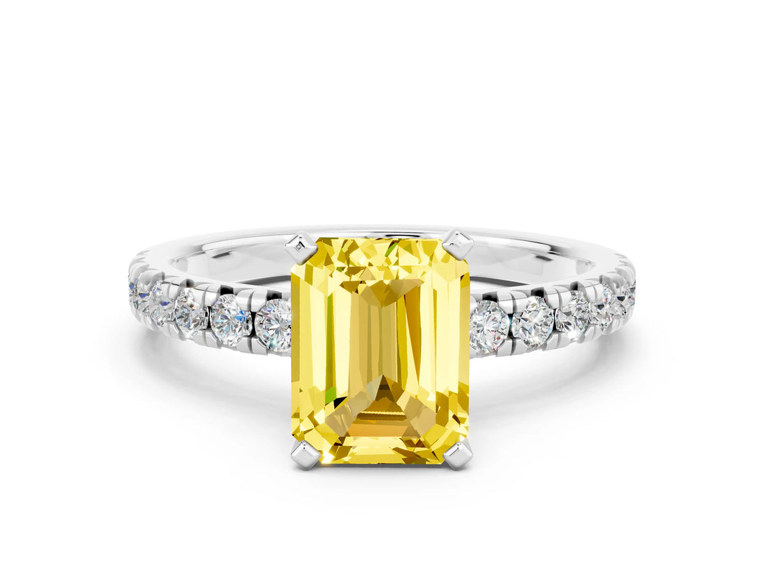 White gold Emerald Cut Yellow Sapphire Solitaire Pavé Engagement Ring with Round Band and Prong Setting_72