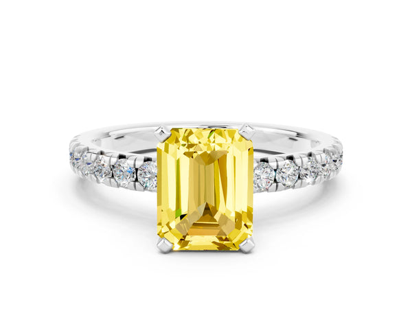 White gold Emerald Cut Yellow Sapphire Solitaire Pavé Engagement Ring with Round Band and Prong Setting