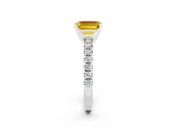 Silver Emerald Cut Yellow Sapphire Solitaire Pavé Engagement Ring with Round Band and Prong Setting