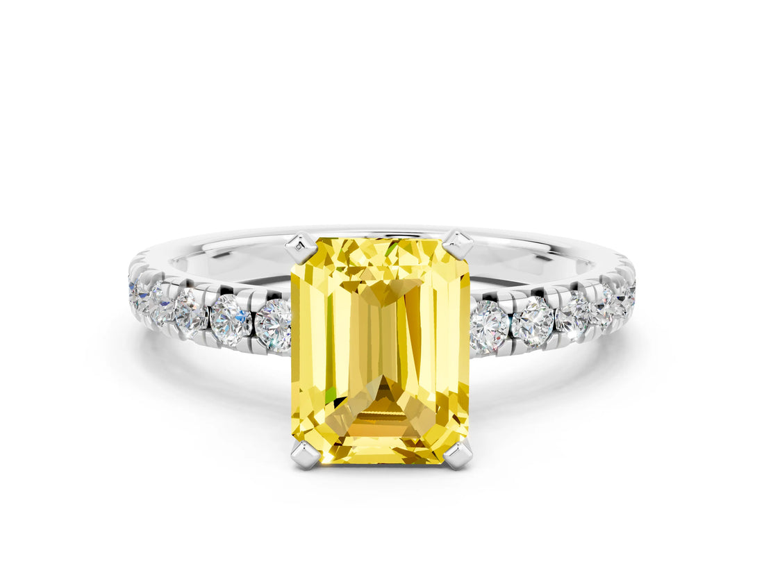 White gold Emerald Cut Yellow Sapphire Solitaire Pavé Engagement Ring with Round Band and Prong Setting_84