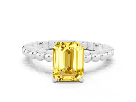 White gold Emerald Cut Yellow Sapphire Solitaire Ring with Beaded Band and Prong Setting_12
