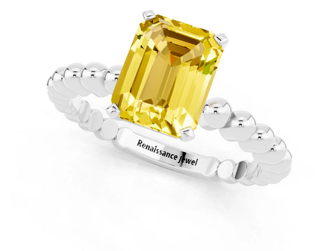 White gold Emerald Cut Yellow Sapphire Solitaire Ring with Beaded Band and Prong Setting_13