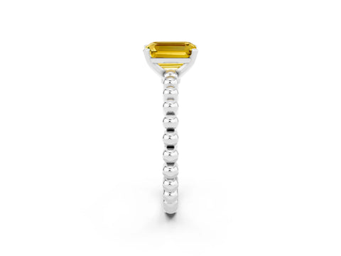 White gold Emerald Cut Yellow Sapphire Solitaire Ring with Beaded Band and Prong Setting_14